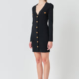 Shank Button V-Neckline Knit Mini Dress