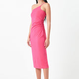 Asymmetrical Strap Shirred Knit Dress
