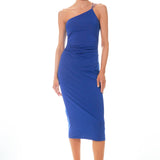Asymmetrical Strap Shirred Knit Dress