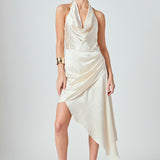 Halter Neck Asymmetric Satin Dress