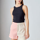 Colorblock Shorts with Folded Hem