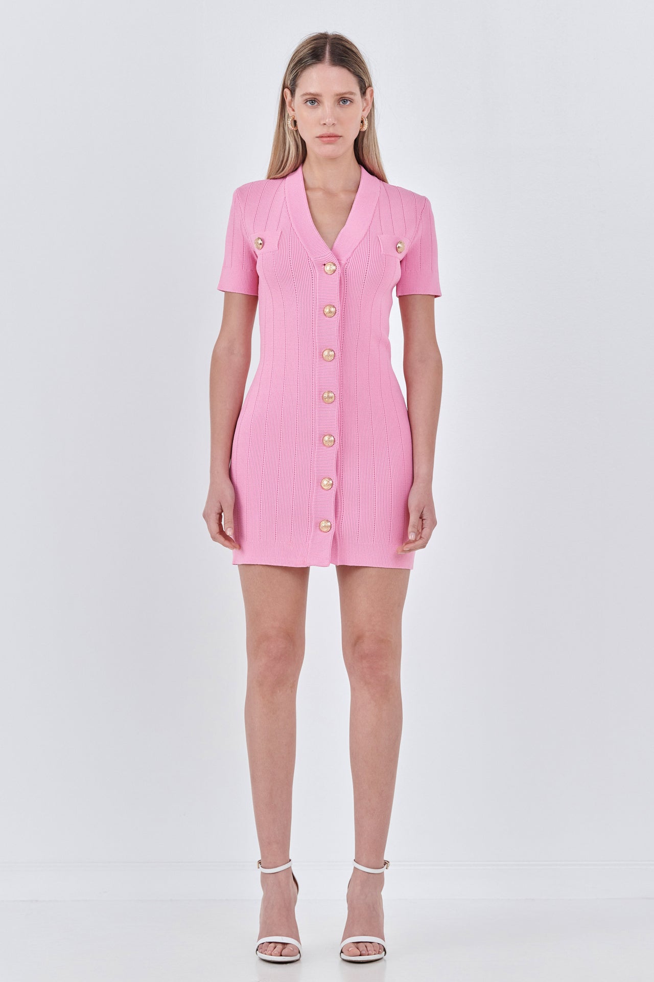 Shank Button V-neckline Knit Mini Dress - Final Sale