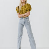 Floral Jacquard Puff Sleeve Top