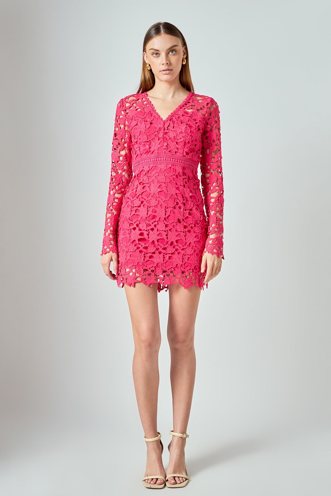 Endless Rose - Long Sleeve Lace Mini Dress FUCHSIA / XS Endless Rose - Long Sleeve Lace Mini Dress FUCHSIA / XS