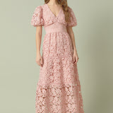 Puff Sleeve Lace Tiered Maxi Dress