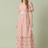 Puff Sleeve Lace Tiered Maxi Dress