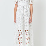 Puff Sleeve Lace Tiered Maxi Dress