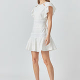 Lace Trimmed Ruffle Sleeve Dress with Cutout