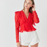 Shoulder Ruffle Detailed Plunge Neck Woven Top