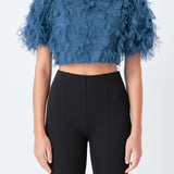 Gridded Mesh Feathered Cropped Top