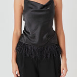 Satin Cowl Neck Top with Feather
