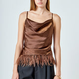 Satin Cowl Neck Top with Feather
