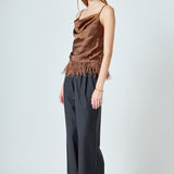 Satin Cowl Neck Top with Feather