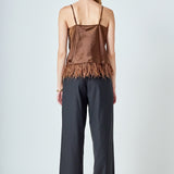 Satin Cowl Neck Top with Feather
