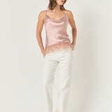 Satin Cowl Neck Top with Feather