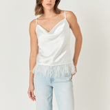 Satin Cowl Neck Top with Feather