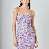 Floral Mesh Ruched Mini Dress
