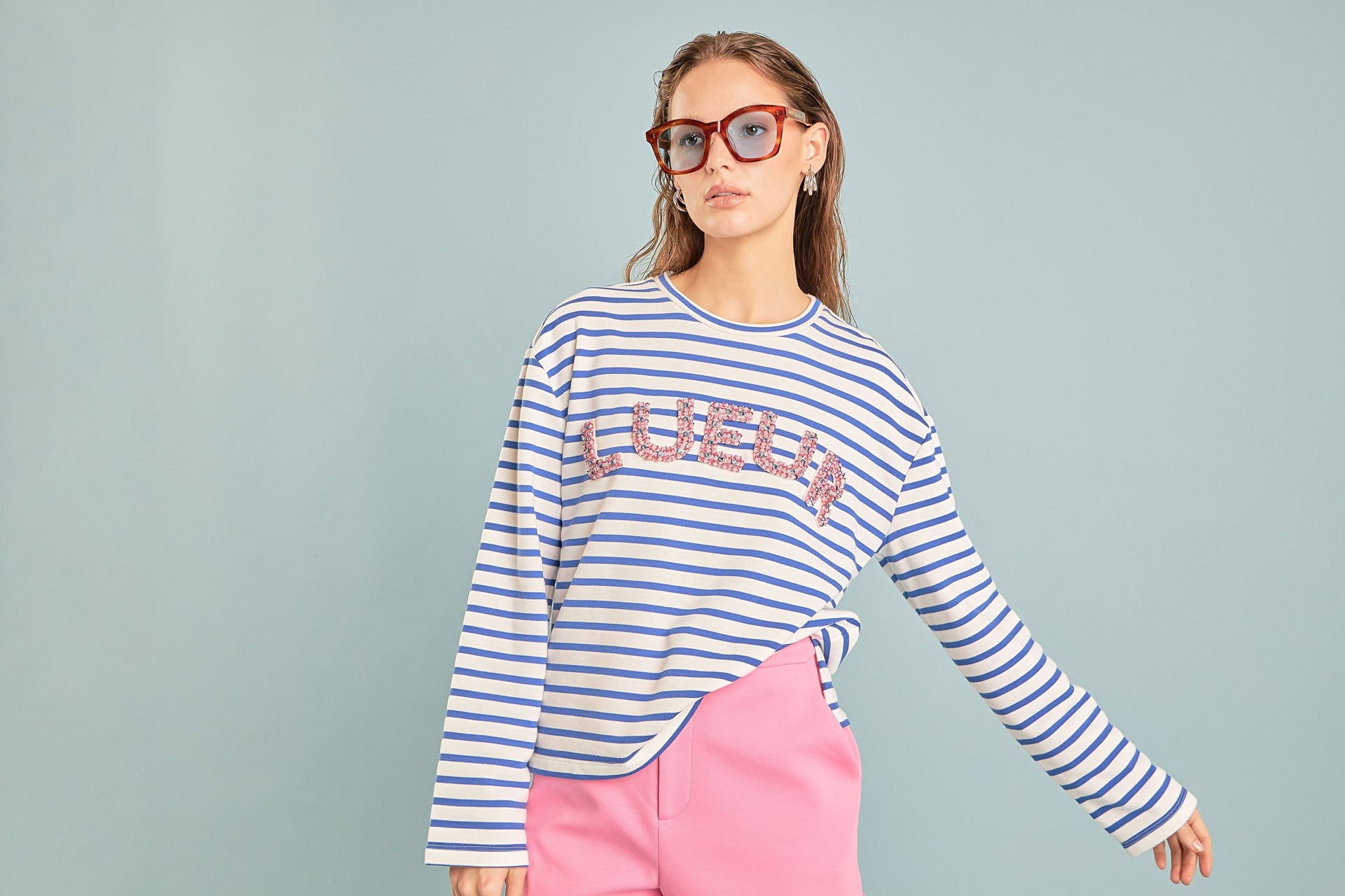 Shop the Blue Lueur Embellished Striped Sweatshirt from Endless Rose