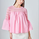 Lace with Poplin Bell Sleeve Blouse