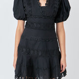 Plunging Lace Trim Dress with Puff Sleeve
