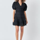 Plunging Lace Trim Dress with Puff Sleeve