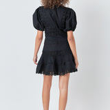 Plunging Lace Trim Dress with Puff Sleeve