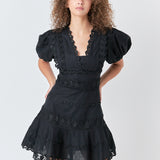 Plunging Lace Trim Dress with Puff Sleeve