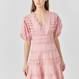 Plunging Lace Trim Dress with Puff Sleeve