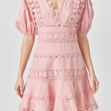 Plunging Lace Trim Dress with Puff Sleeve