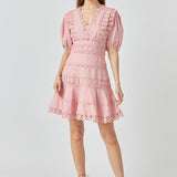 Plunging Lace Trim Dress with Puff Sleeve