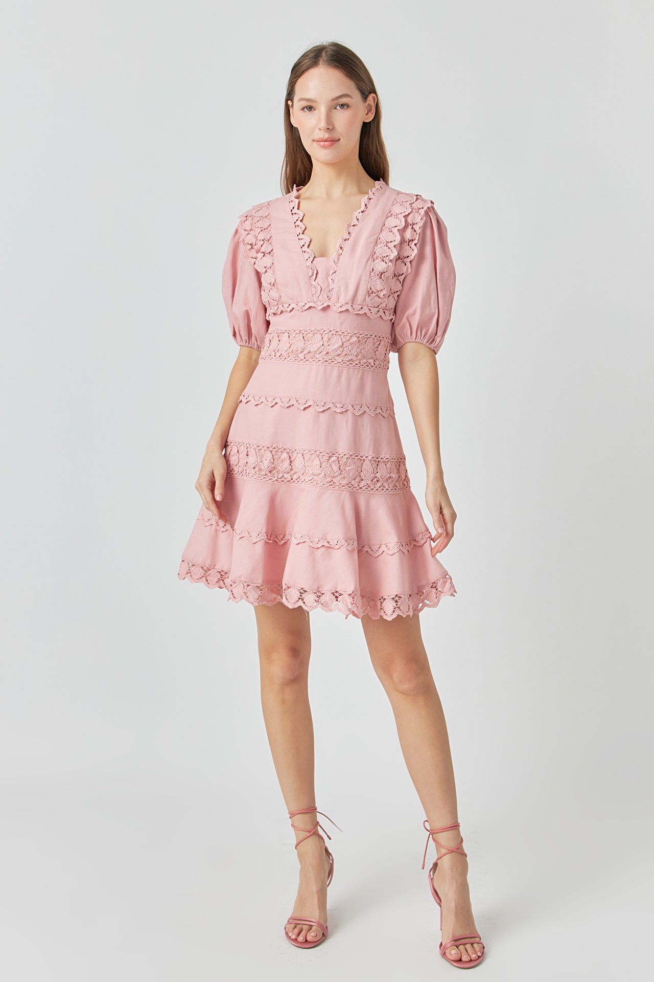 Endless Rose - Plunging Lace Trim Dress with Puff Sleeve DUSTY PINK / L Endless Rose - Plunging Lace Trim Dress with Puff Sleeve DUSTY PINK / L