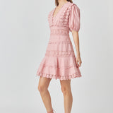 Plunging Lace Trim Dress with Puff Sleeve