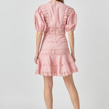 Plunging Lace Trim Dress with Puff Sleeve