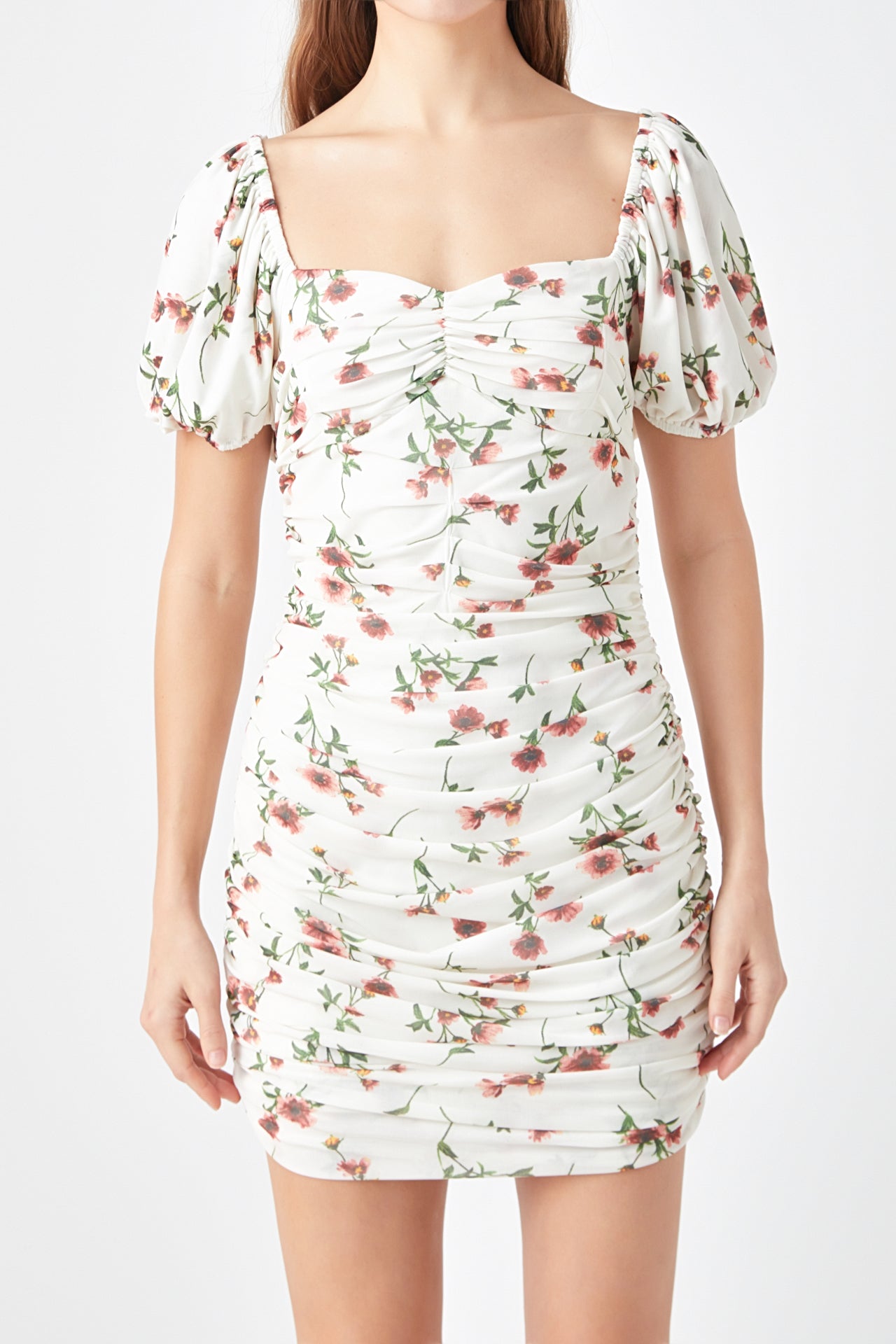 Floral Mesh Ruched Mini Dress with Short Sleeves