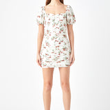 Floral Mesh Ruched Mini Dress with Short Sleeves