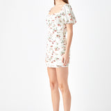 Floral Mesh Ruched Mini Dress with Short Sleeves