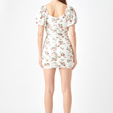Floral Mesh Ruched Mini Dress with Short Sleeves