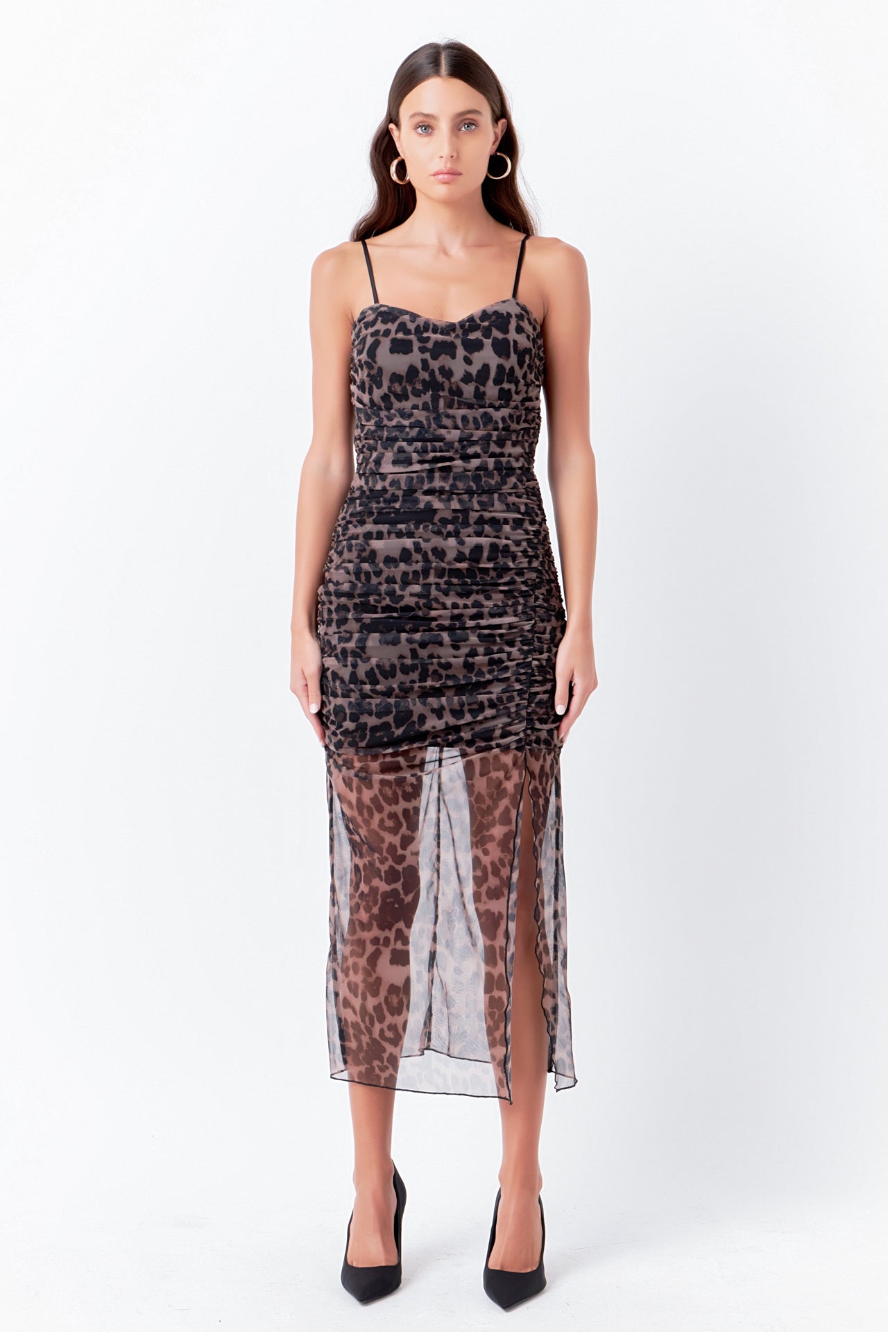 ENDLESS ROSE-Ruched Mesh Asymmetrical Midi Dress-DRESSES available at Objectrare
