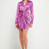 Satin Ruched Long-Sleeve Mini Dress