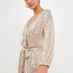 ENDLESS ROSE - Wrap Belted Sequins Romper - ROMPERS available at Objectrare