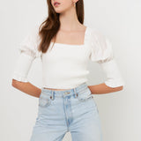 Quarter Sleeve Smocked Puff Sleeve Top