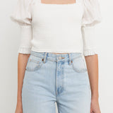 Quarter Sleeve Smocked Puff Sleeve Top