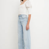 Quarter Sleeve Smocked Puff Sleeve Top