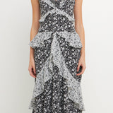 Dot Floral Contrast Midi Ruffle Dress