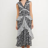 Dot Floral Contrast Midi Ruffle Dress