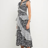 Dot Floral Contrast Midi Ruffle Dress