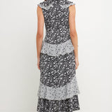 Dot Floral Contrast Midi Ruffle Dress