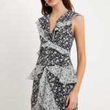 Dot Floral Contrast Midi Ruffle Dress