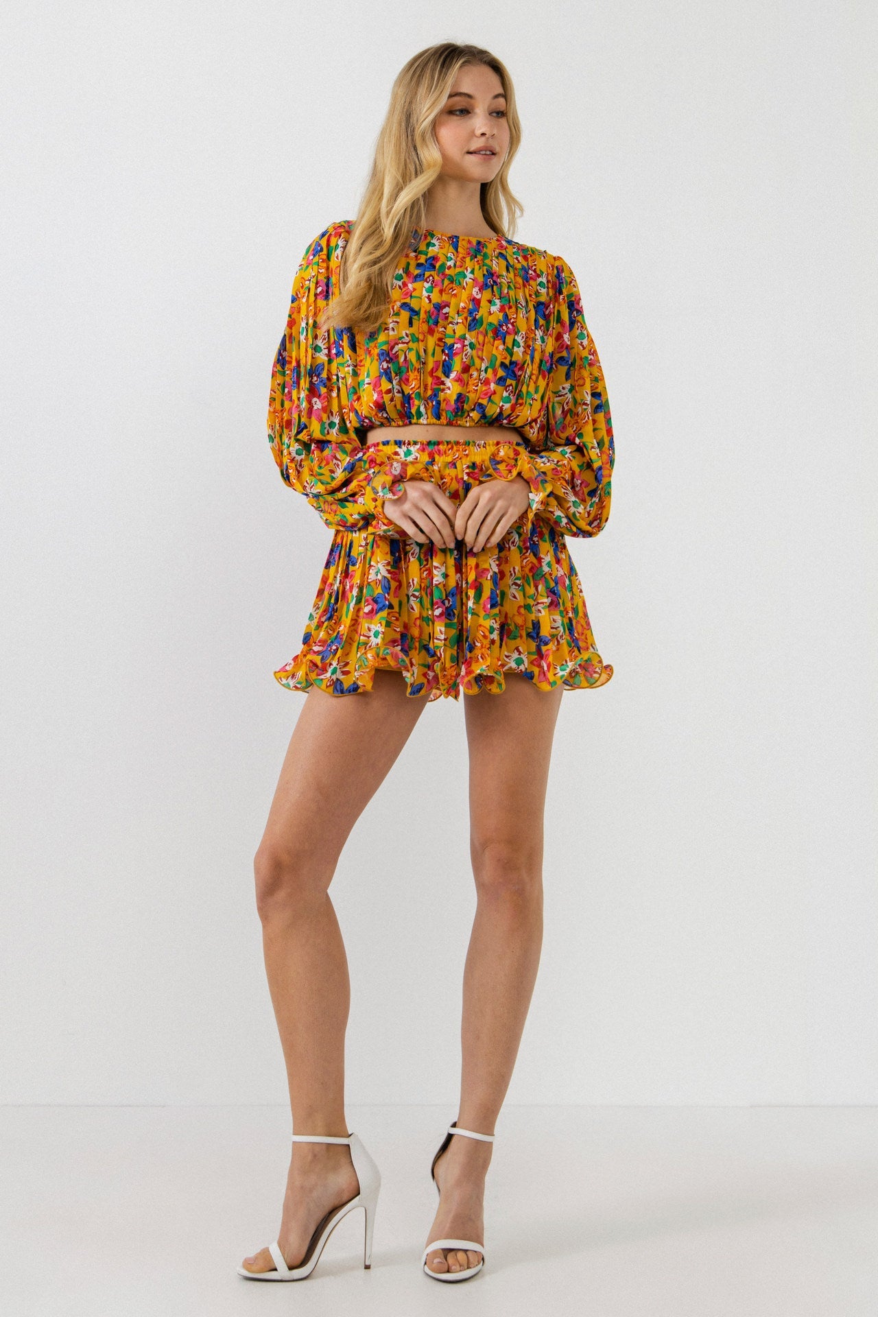 ENDLESS ROSE-Floral Pleated Blouson Crop Top-TOPS available at Objectrare