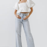 Square Neck Puff Sleeve Jacquard Top